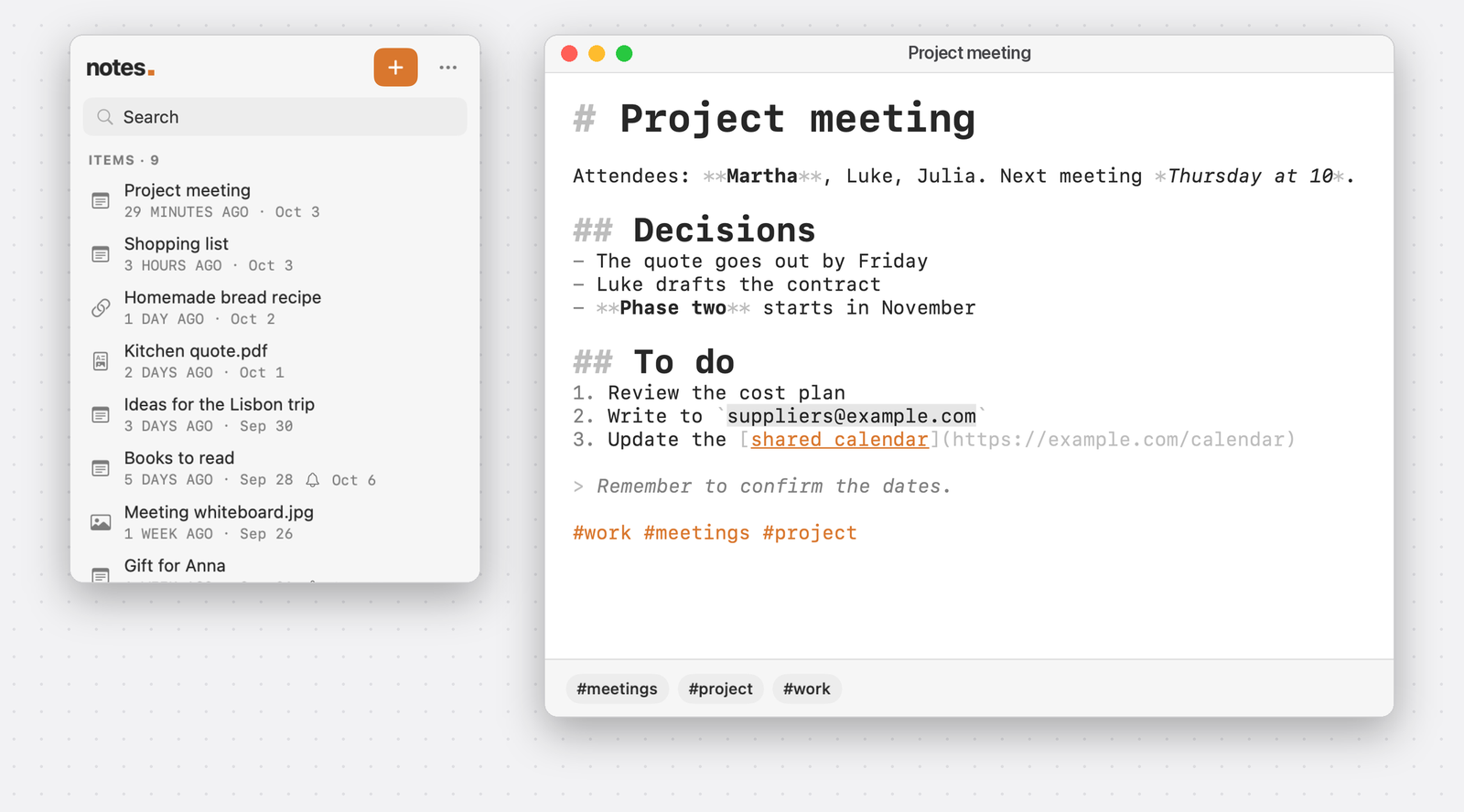 The NotesQuick panel with the list of items and a note open in the Markdown editor