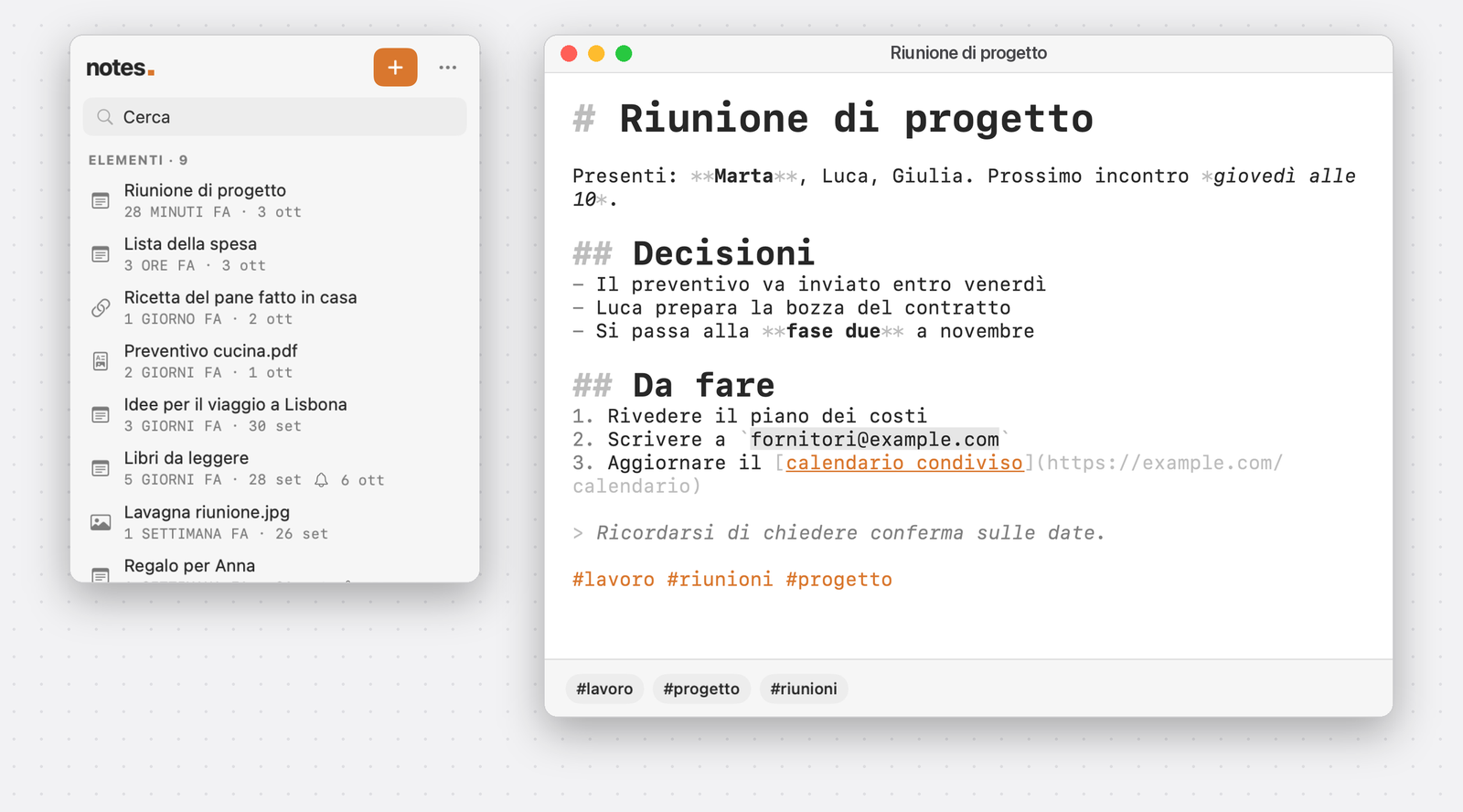 Il pannello di NotesQuick con l'elenco degli elementi e una nota aperta nell'editor Markdown